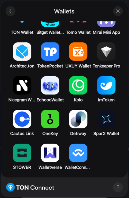 WalletConnect entry at the bottom of the TON Connect All Wallets modal