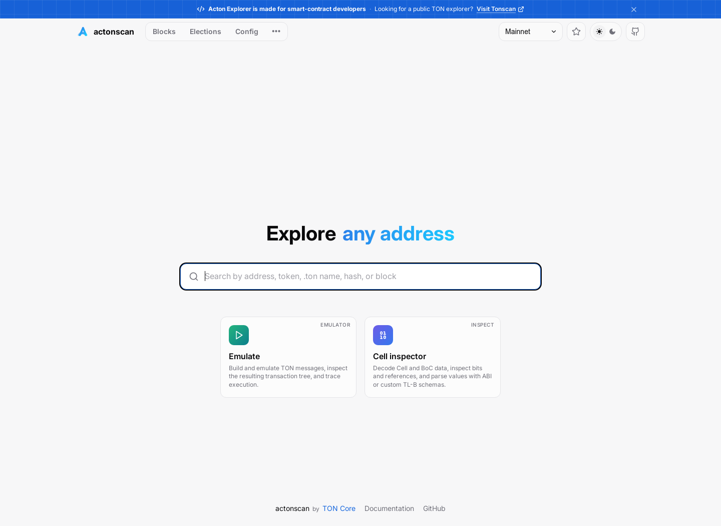 Actonscan mainnet home page with search, network selection, and links to the transaction emulator and cell inspector